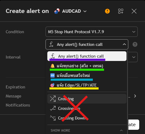 Create Alert dialog - condition dropdown opened