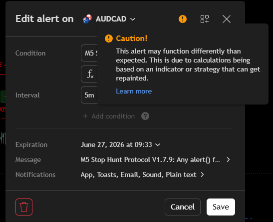TradingView orange Caution tooltip on alert dialog